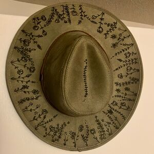 Customer burned hat olive green wildflowers handcrafted new with tags boho art
